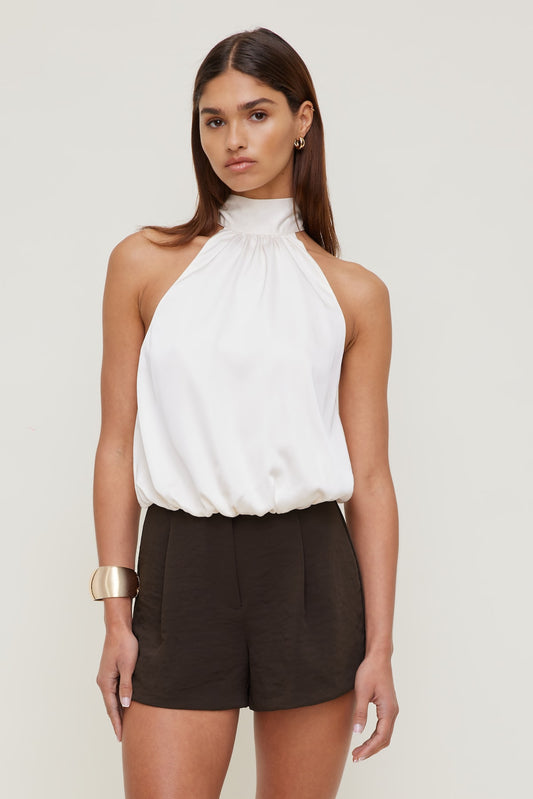 Dynamite Paloma Bubble Satin Halter Blouse Beige
