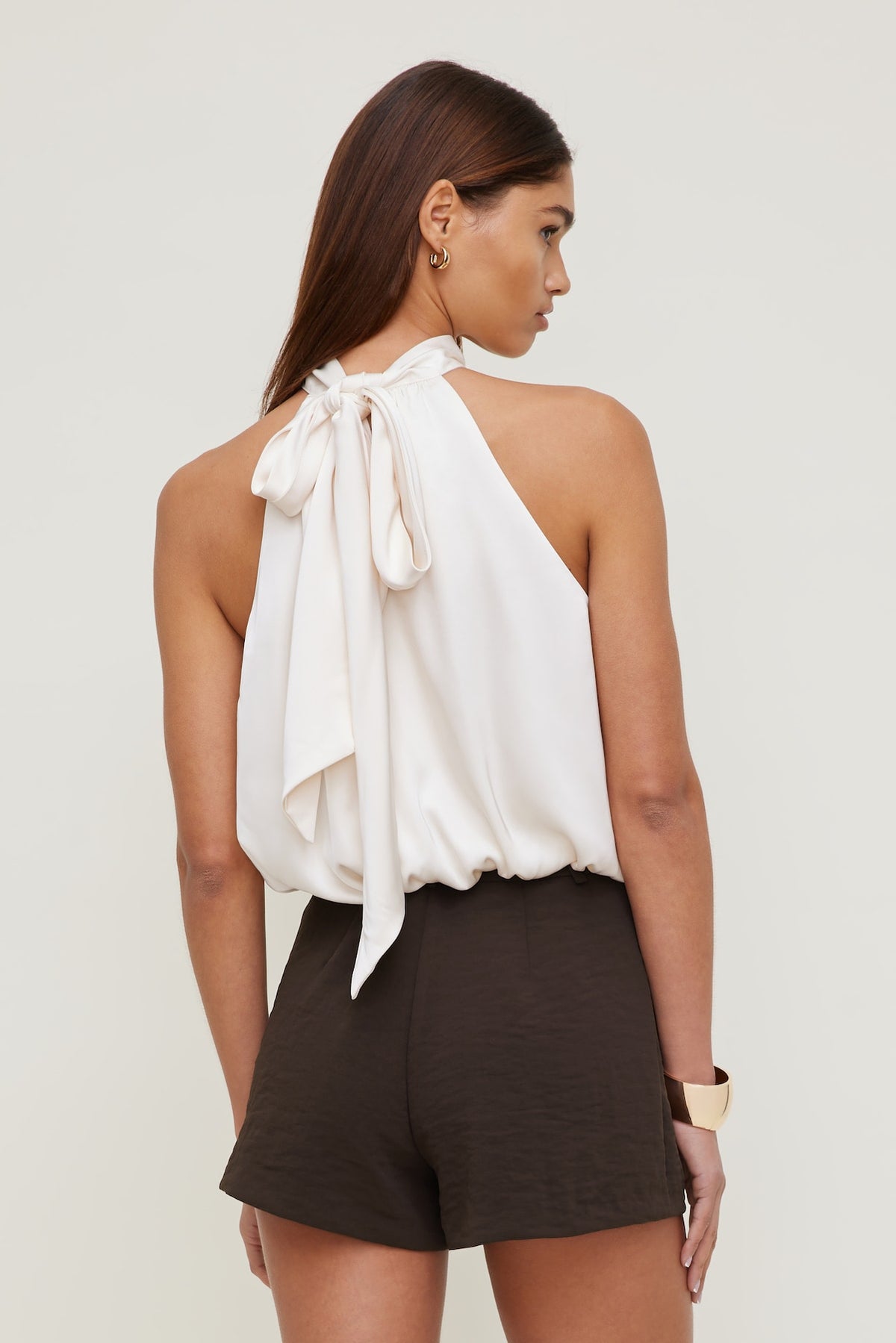 Dynamite Paloma Bubble Satin Halter Blouse Beige