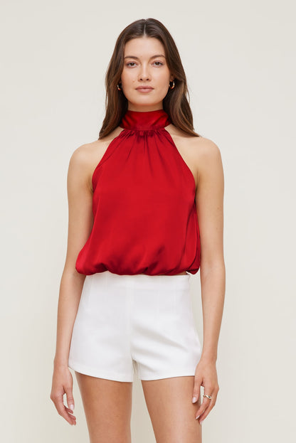 Dynamite Paloma Bubble Satin Halter Blouse Red