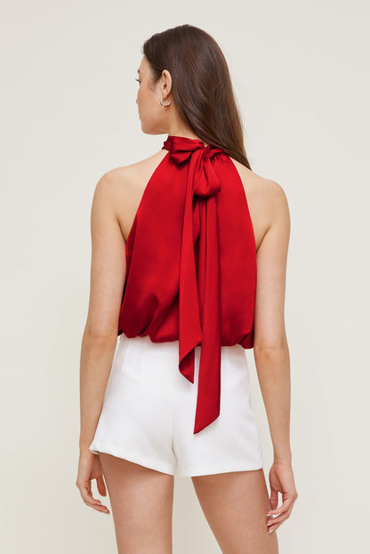 Dynamite Paloma Bubble Satin Halter Blouse Red