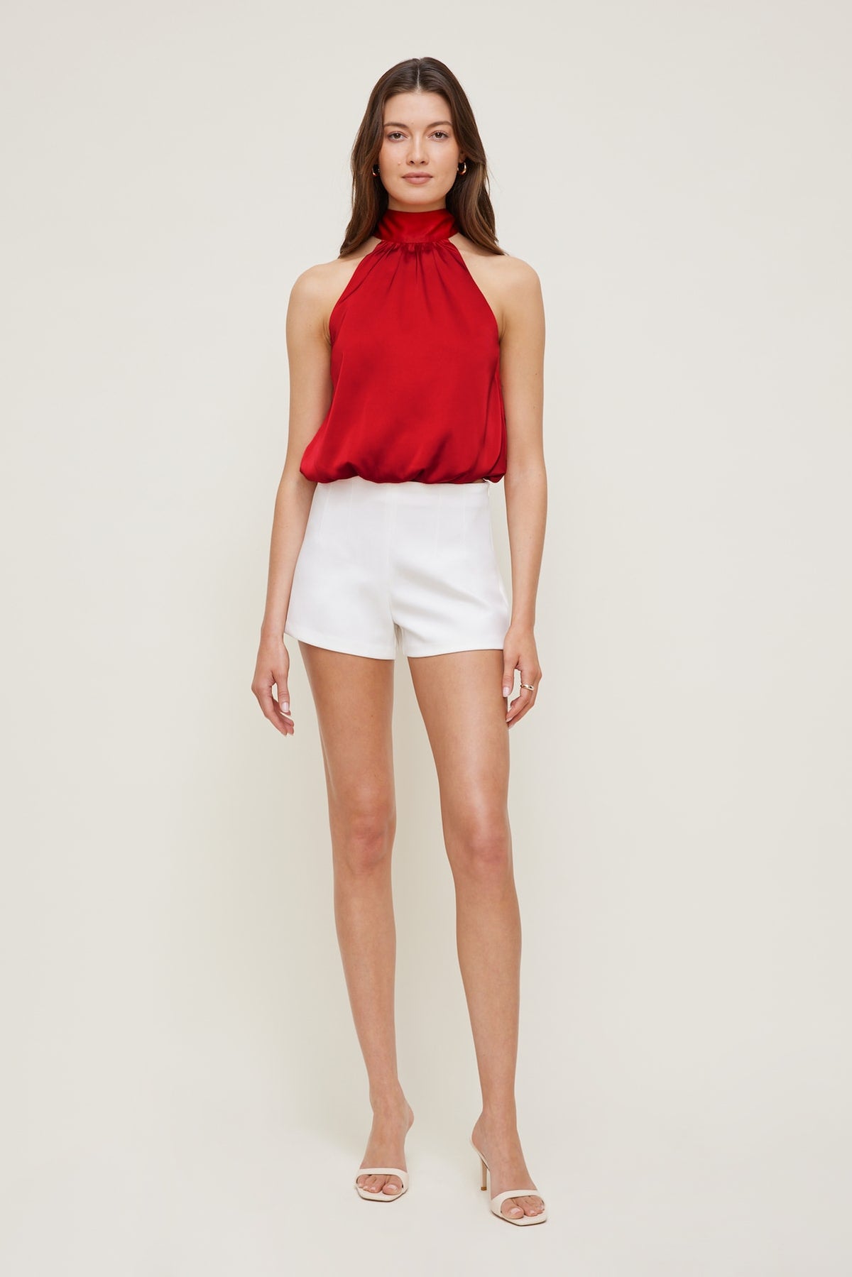 Dynamite Paloma Bubble Satin Halter Blouse Red