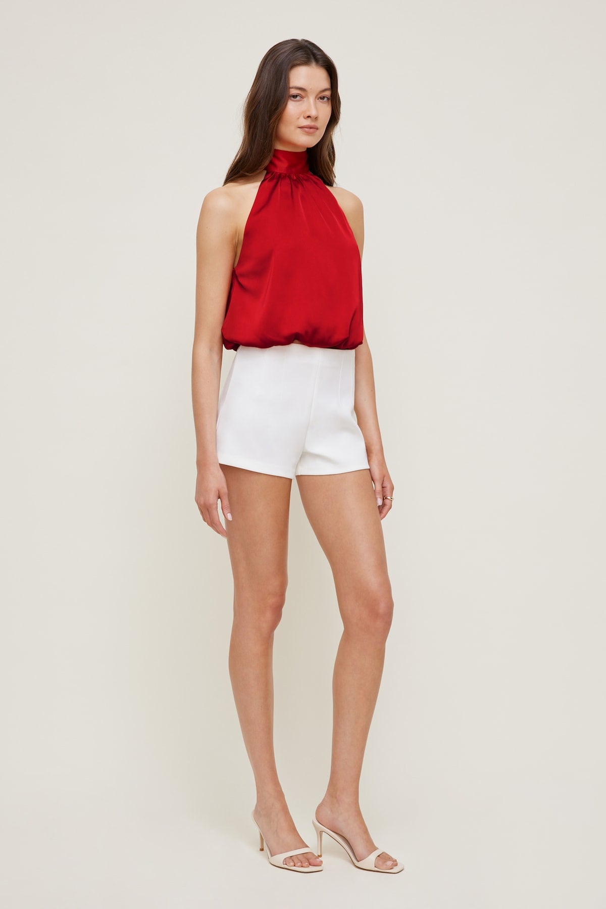 Dynamite Paloma Bubble Satin Halter Blouse Red