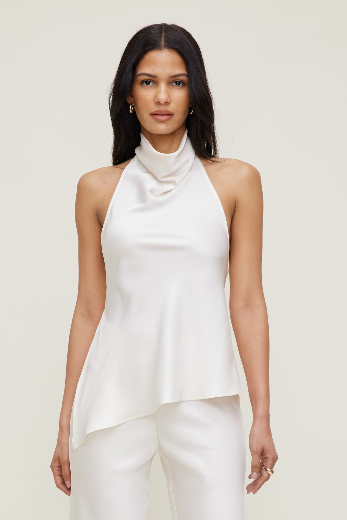 Dynamite Asymmetric Satin Halter Blouse Beige