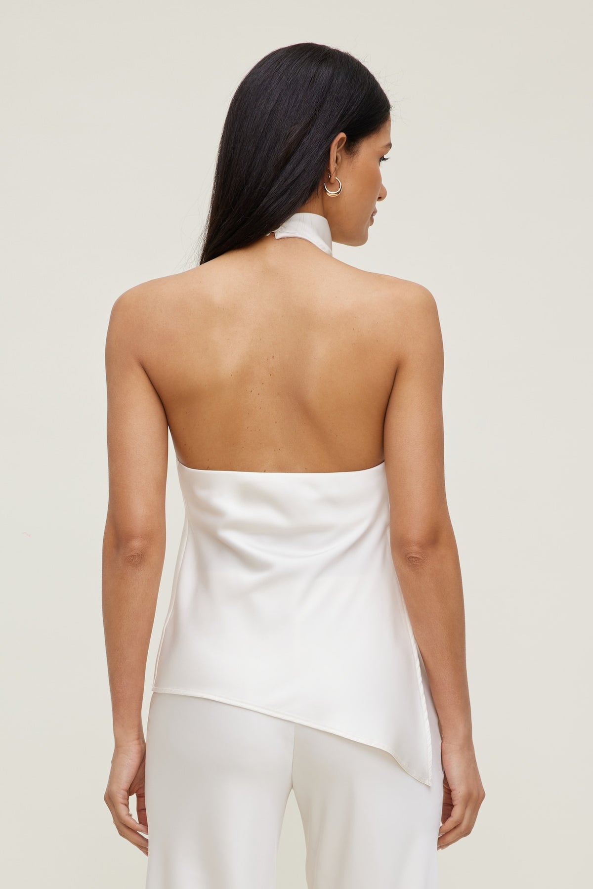 Dynamite Asymmetric Satin Halter Blouse Beige