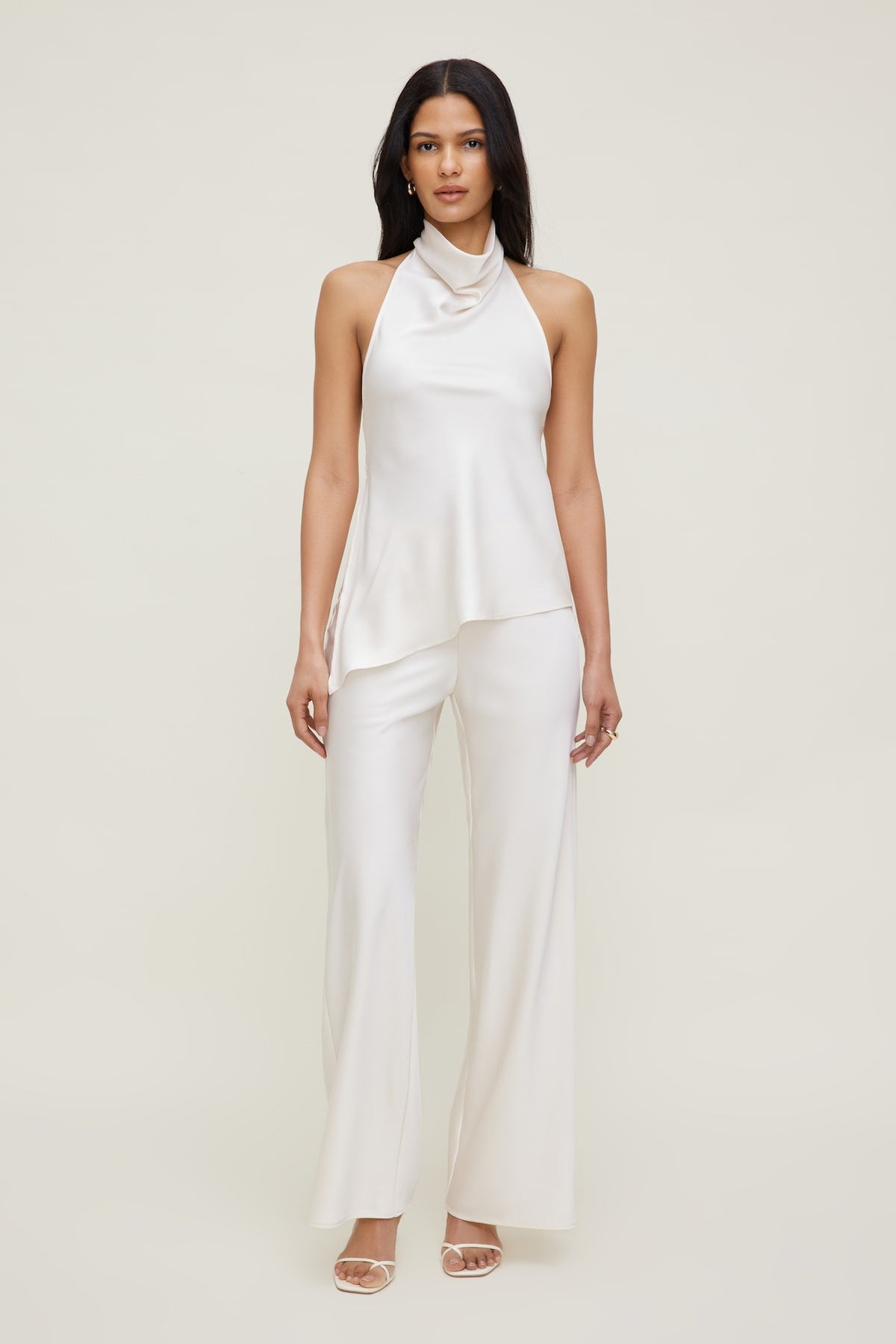 Dynamite Asymmetric Satin Halter Blouse Beige