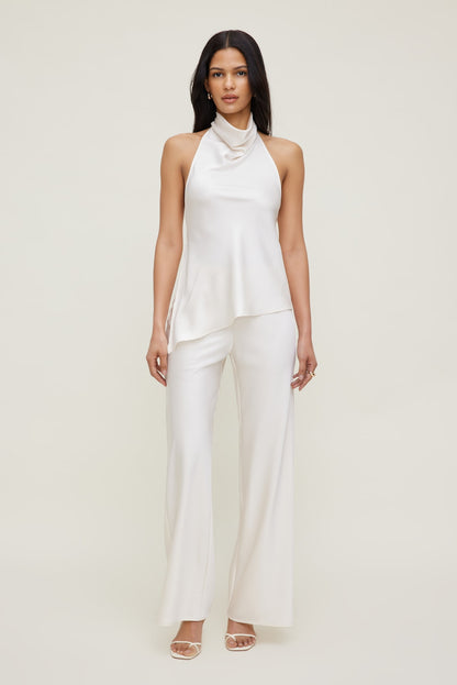 Dynamite Asymmetric Satin Halter Blouse Beige