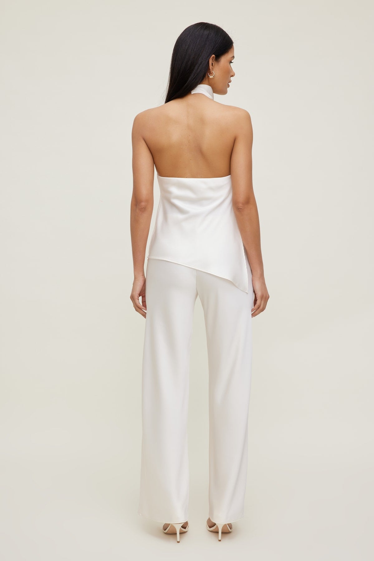 Dynamite Asymmetric Satin Halter Blouse Beige