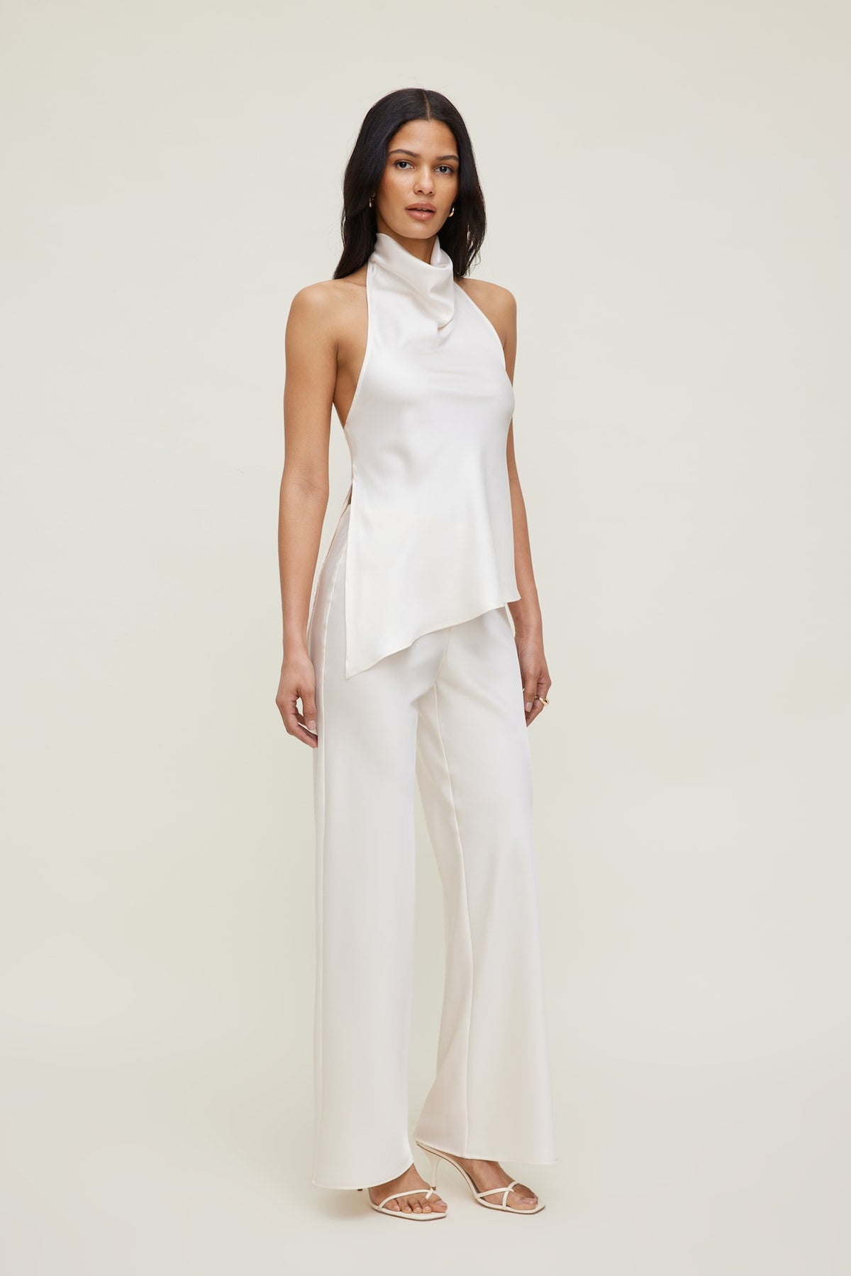 Dynamite Asymmetric Satin Halter Blouse Beige