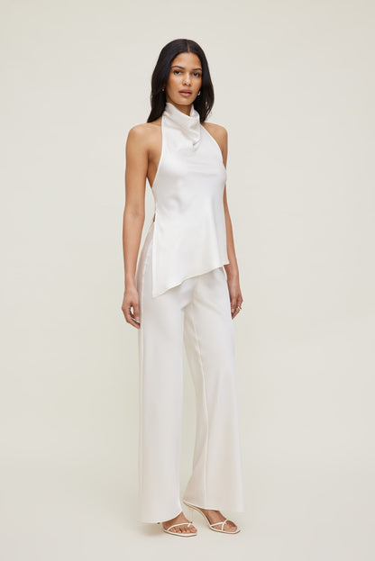 Dynamite Asymmetric Satin Halter Blouse Beige