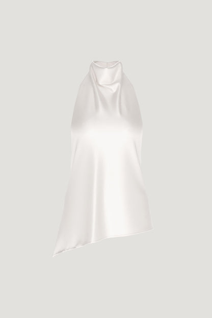 Dynamite Asymmetric Satin Halter Blouse Beige