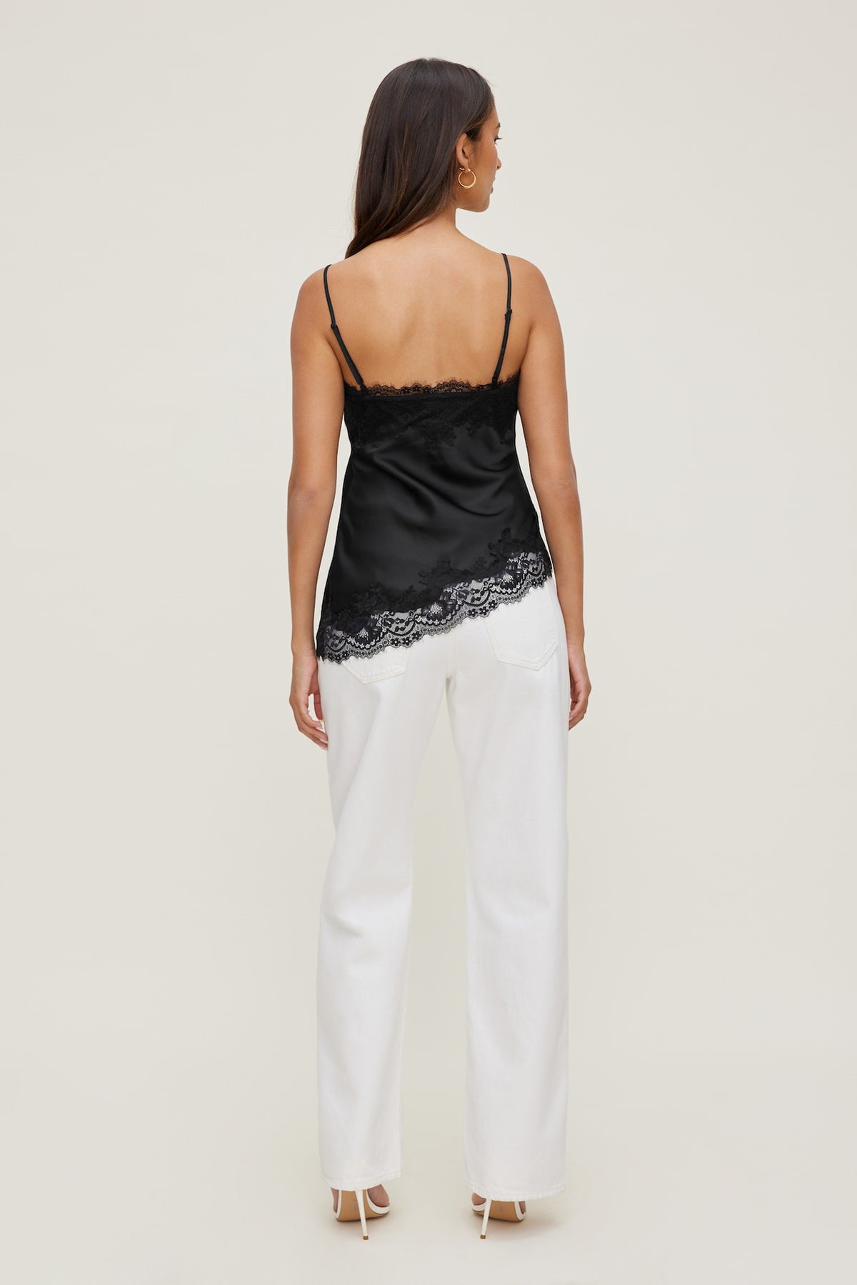 Dynamite Cassie Asymmetric Lace Satin Cami Black