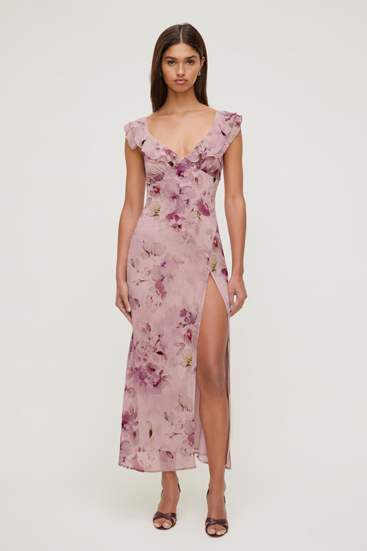 Dynamite Floral Ruffle V Neck Maxi Dress Pink