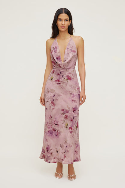Dynamite Floral Halter Cowl Neck Maxi Dress Pink
