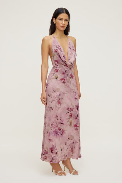 Dynamite Floral Halter Cowl Neck Maxi Dress Pink