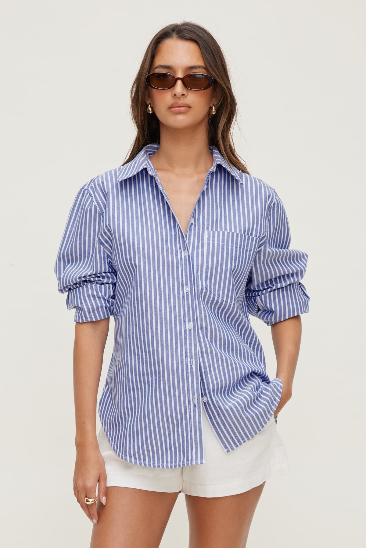 Dynamite Striped Poplin Shirt Blue