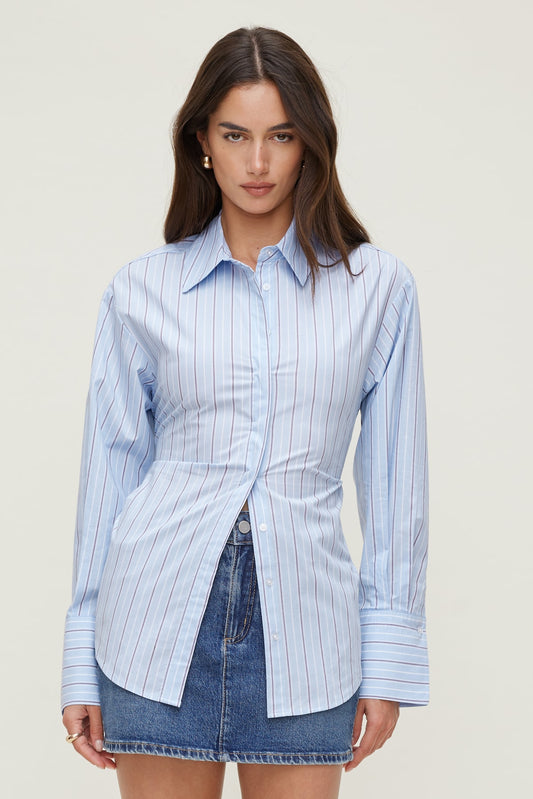 Dynamite Poplin Cinch Back Shirt Blue