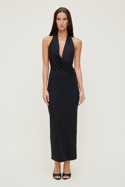 Dynamite Plunge Mesh Maxi Dress Black