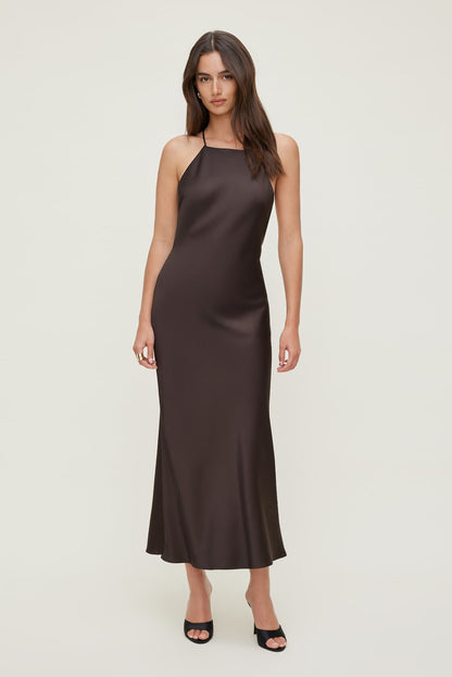 Dynamite Open Back Satin Slip Dress Brown