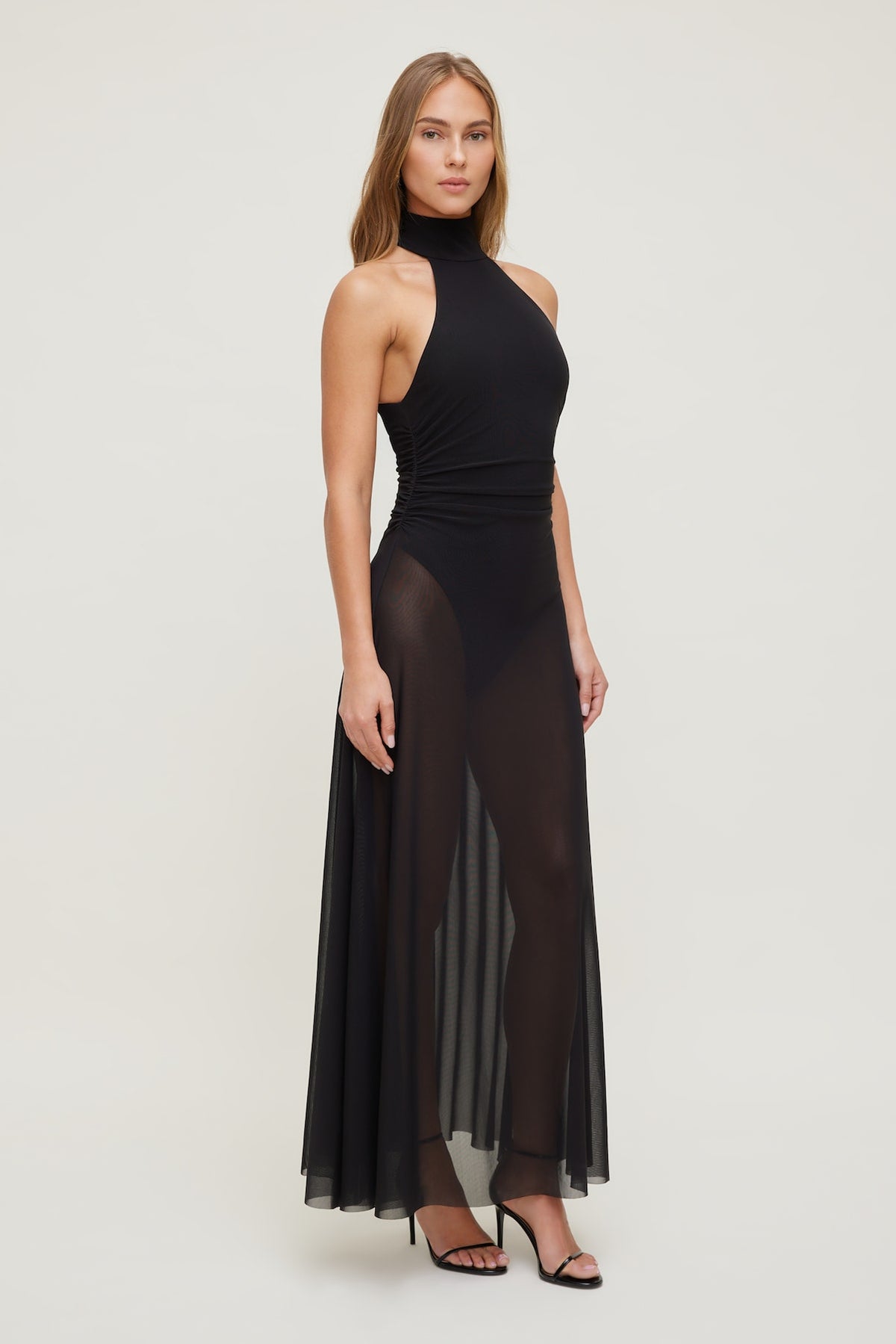 Dynamite Sheer Mesh Halter Maxi Dress Black