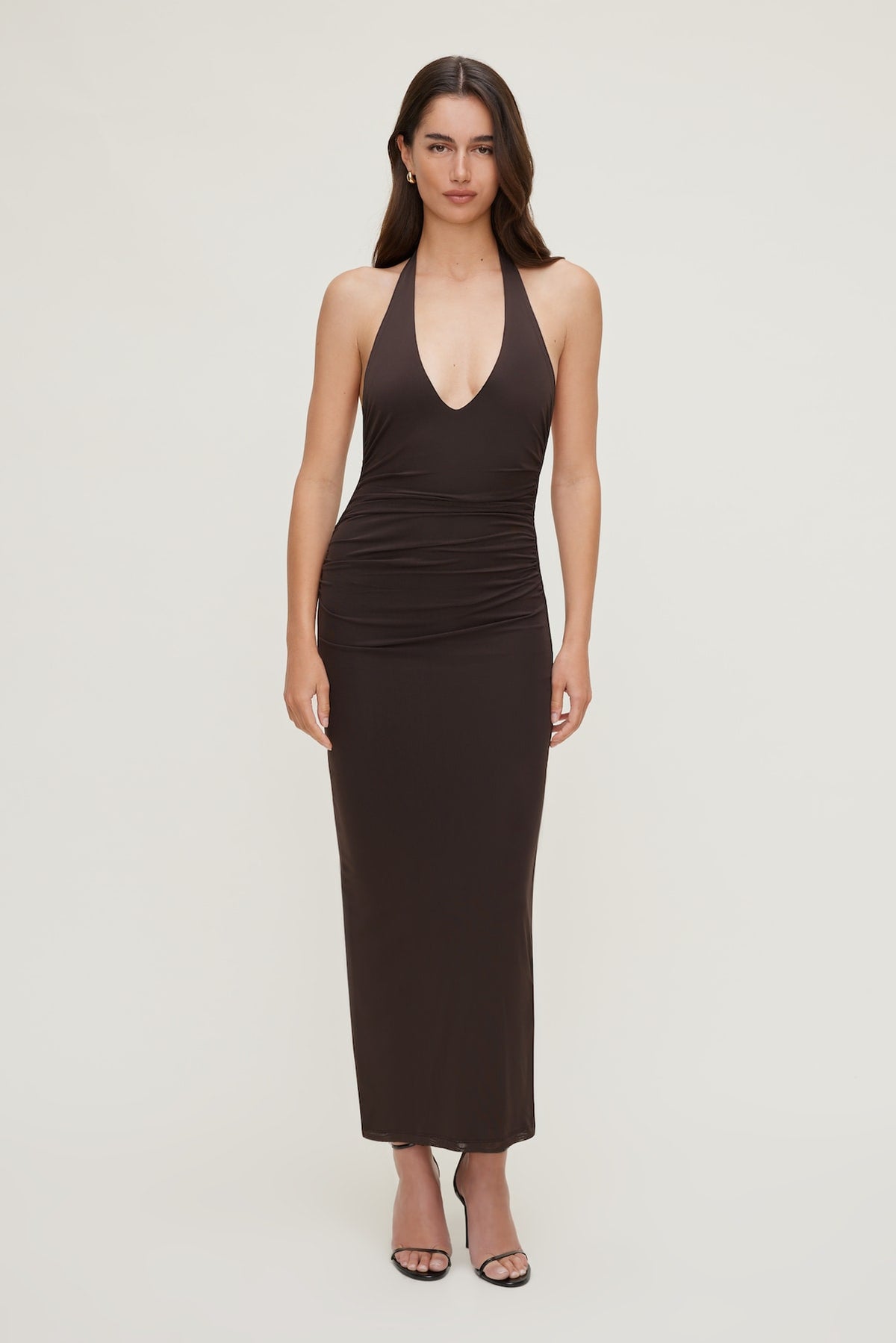Dynamite Reia Halter Mesh Maxi Dress Brown