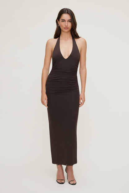 Dynamite Reia Halter Mesh Maxi Dress Brown