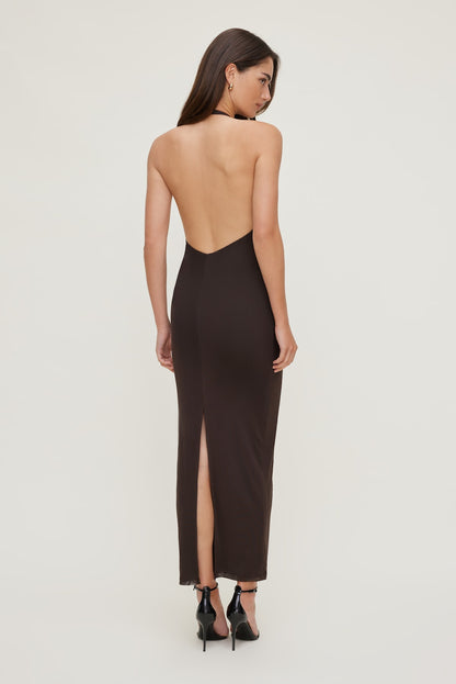 Dynamite Reia Halter Mesh Maxi Dress Brown