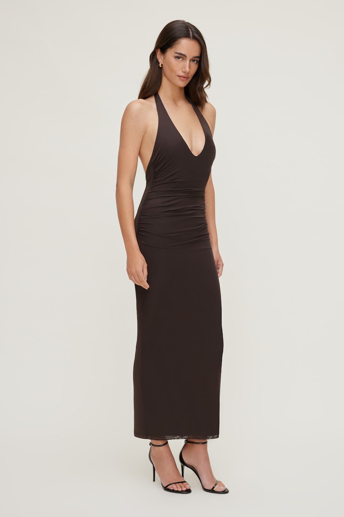 Dynamite Reia Halter Mesh Maxi Dress Brown