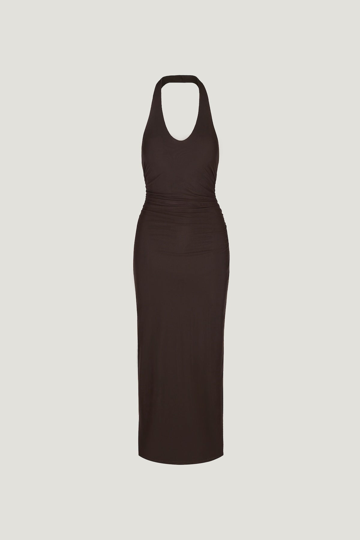 Dynamite Reia Halter Mesh Maxi Dress Brown