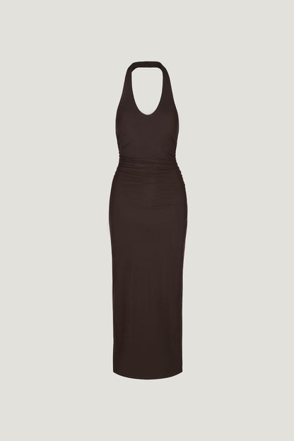 Dynamite Reia Halter Mesh Maxi Dress Brown