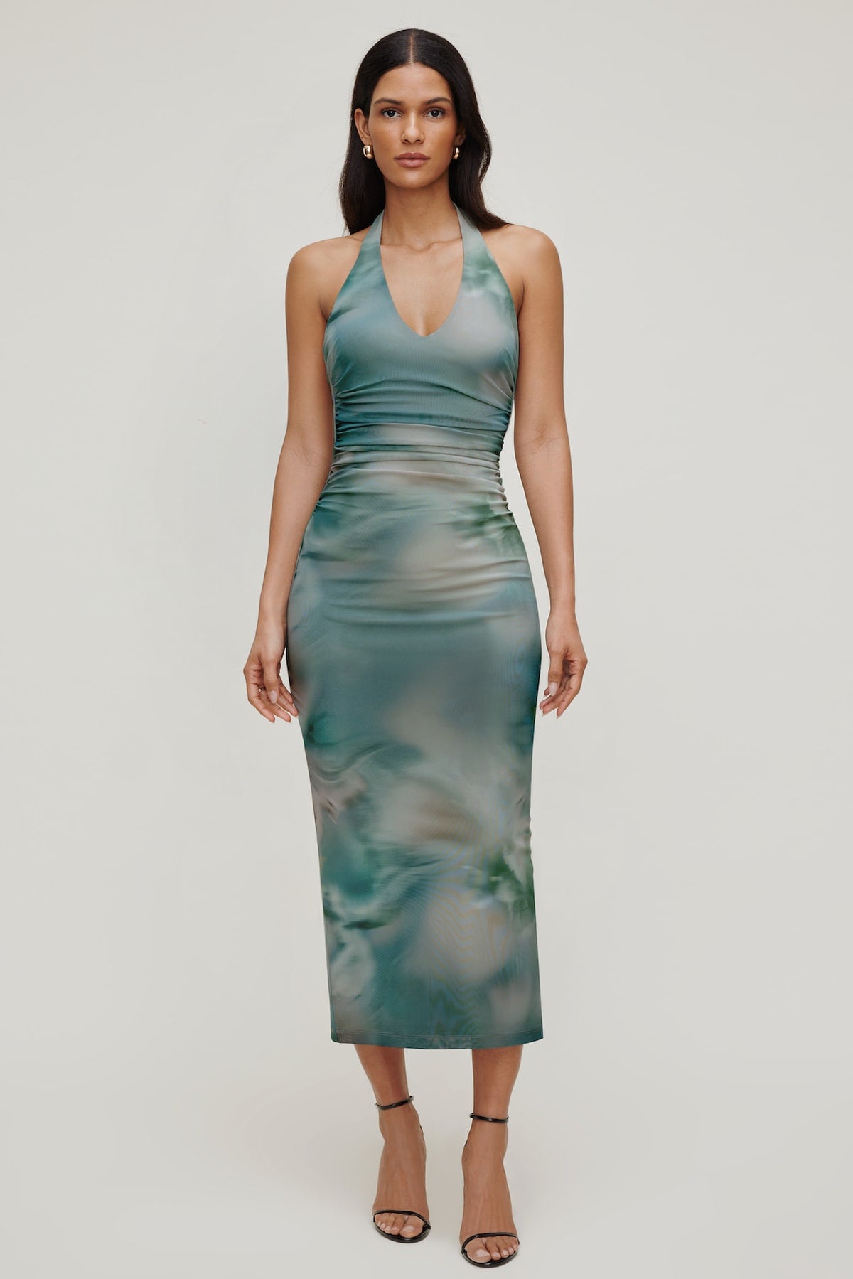 Dynamite Reia Halter Mesh Maxi Dress Blue