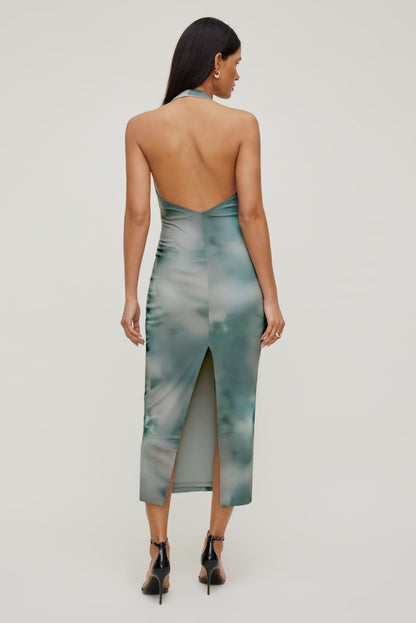 Dynamite Reia Halter Mesh Maxi Dress Blue