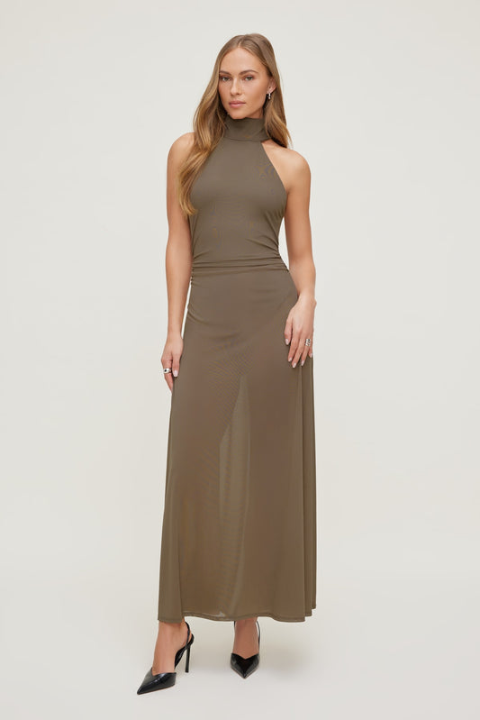 Dynamite Sheer Mesh Halter Maxi Dress Brown