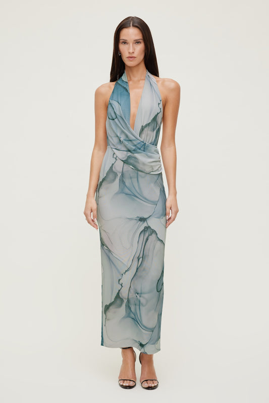 Dynamite Plunge Mesh Maxi Dress Blue