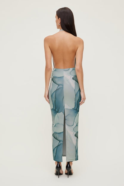 Dynamite Plunge Mesh Maxi Dress Blue