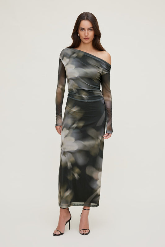 Dynamite Off Shoulder Mesh Maxi Dress Brown