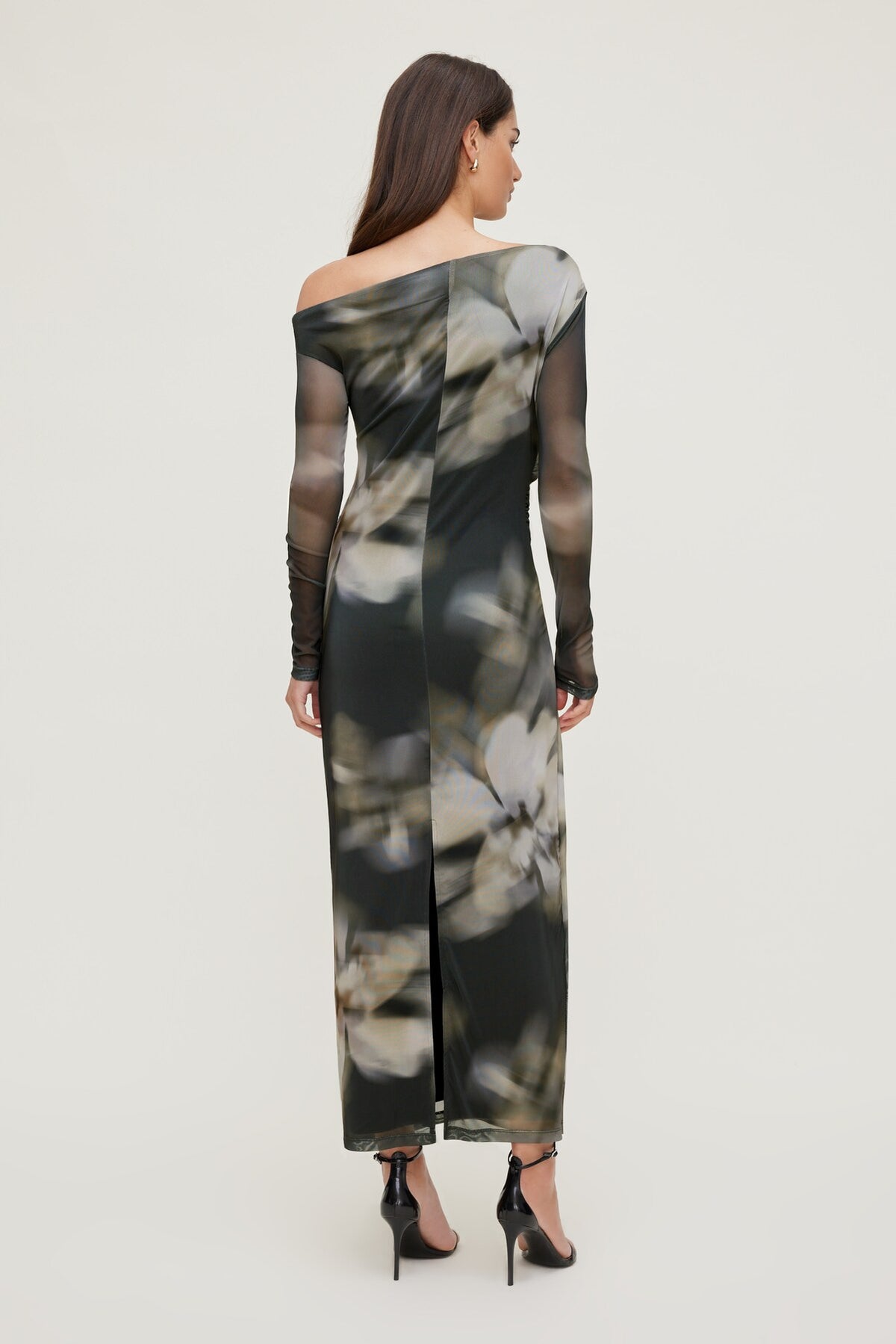 Dynamite Off Shoulder Mesh Maxi Dress Brown