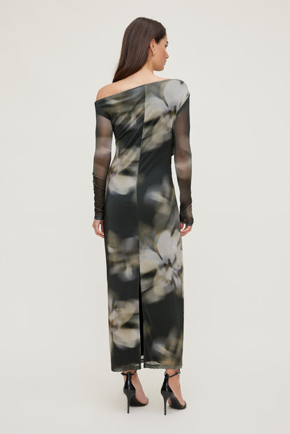 Dynamite Off Shoulder Mesh Maxi Dress Brown