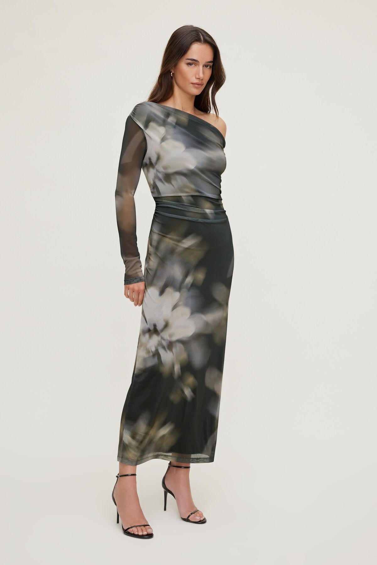 Dynamite Off Shoulder Mesh Maxi Dress Brown