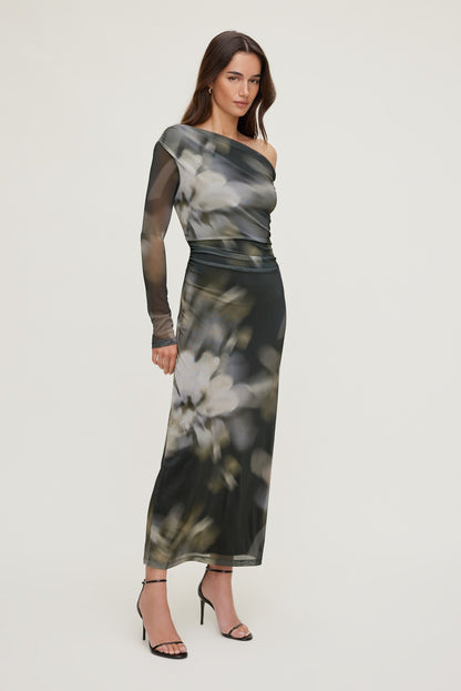 Dynamite Off Shoulder Mesh Maxi Dress Brown