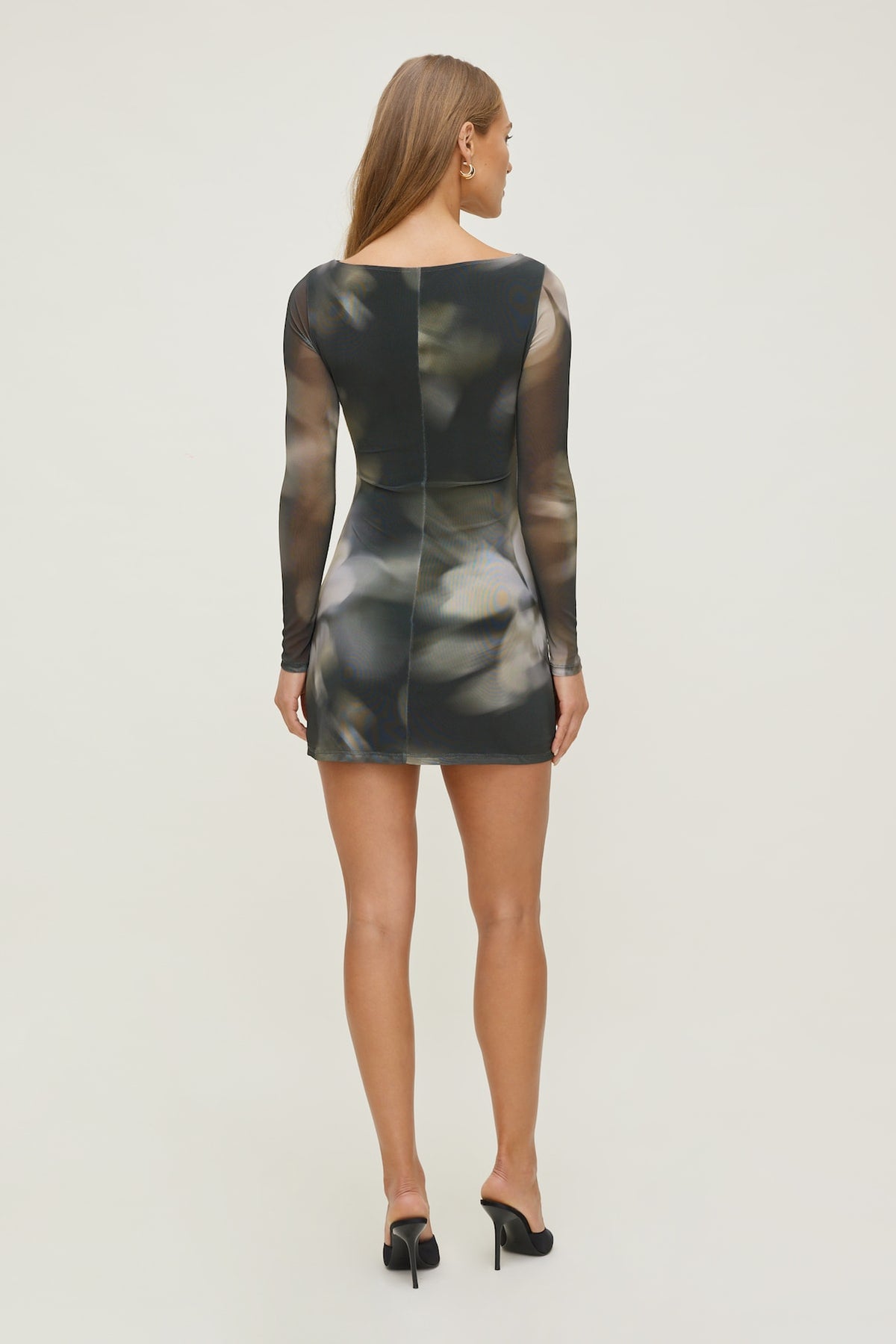 Dynamite Katia Mesh Long Sleeve Mini Dress Brown
