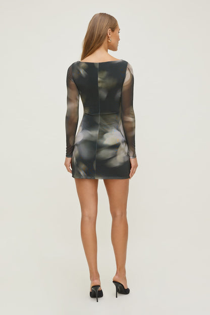 Dynamite Katia Mesh Long Sleeve Mini Dress Brown