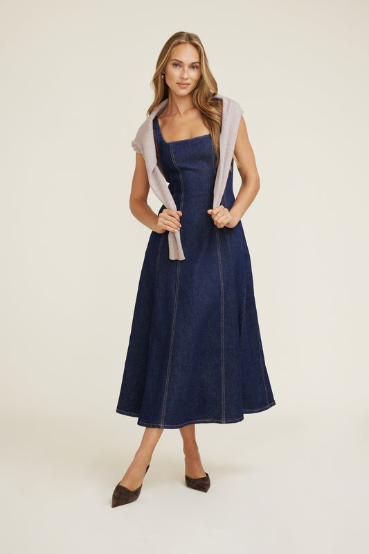 Dynamite Flared Denim Maxi Dress Blue