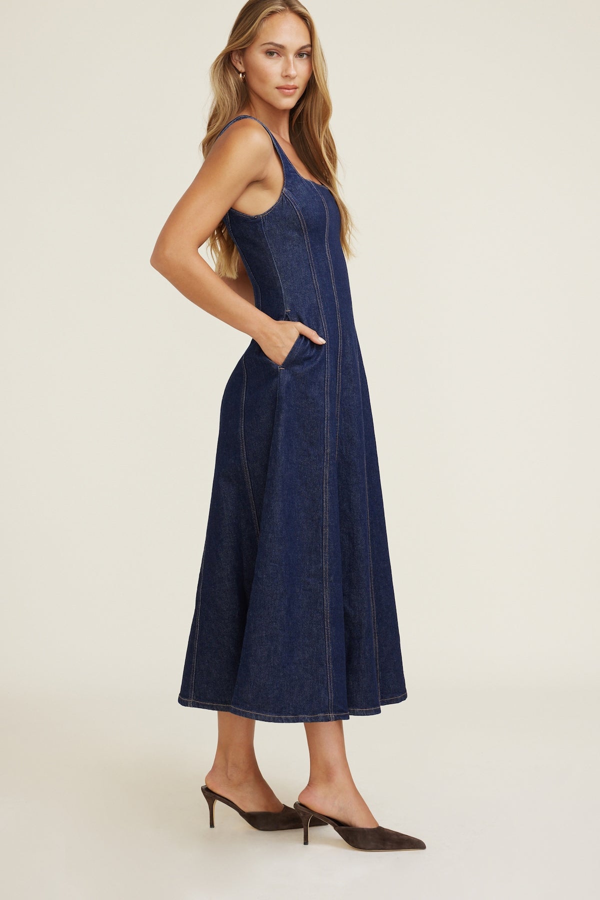 Dynamite Flared Denim Maxi Dress Blue