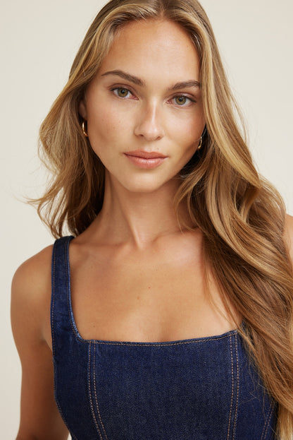 Dynamite Flared Denim Maxi Dress Blue