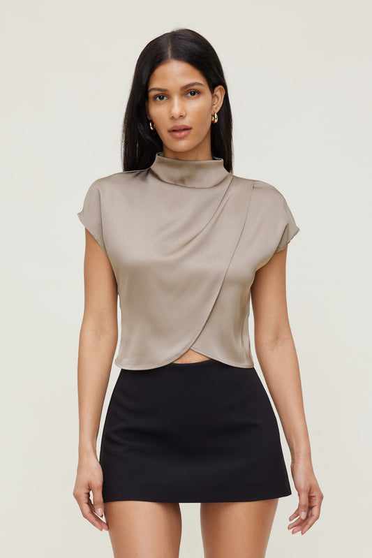 Dynamite Ella Layered Satin Blouse Beige