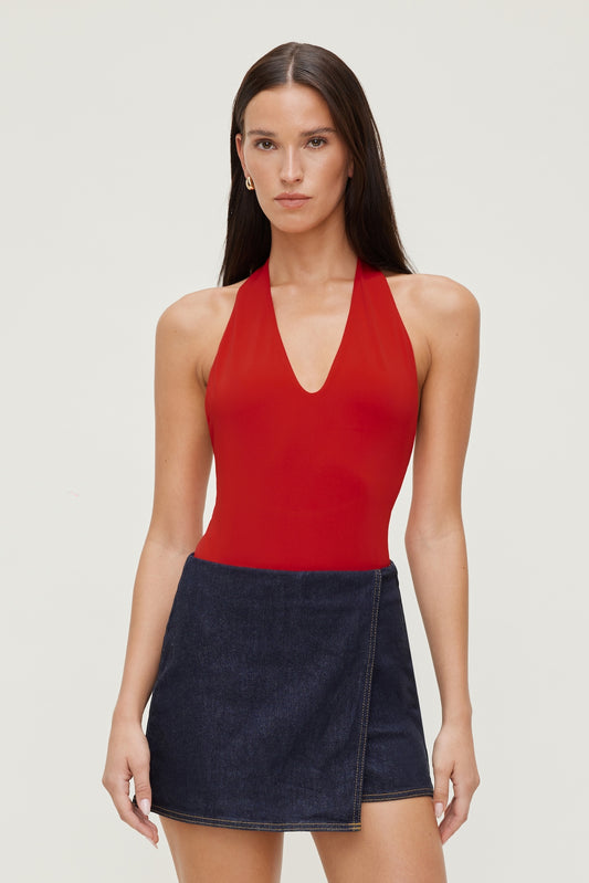 Dynamite Sculpt Plunge Halter Bodysuit Red
