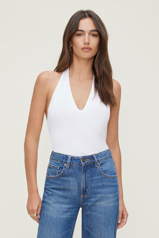 Dynamite Sculpt Plunge Halter Bodysuit White