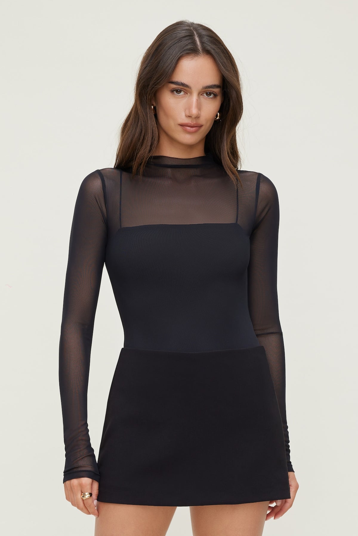 Dynamite Sheer Layered Mesh Cami Bodysuit Black