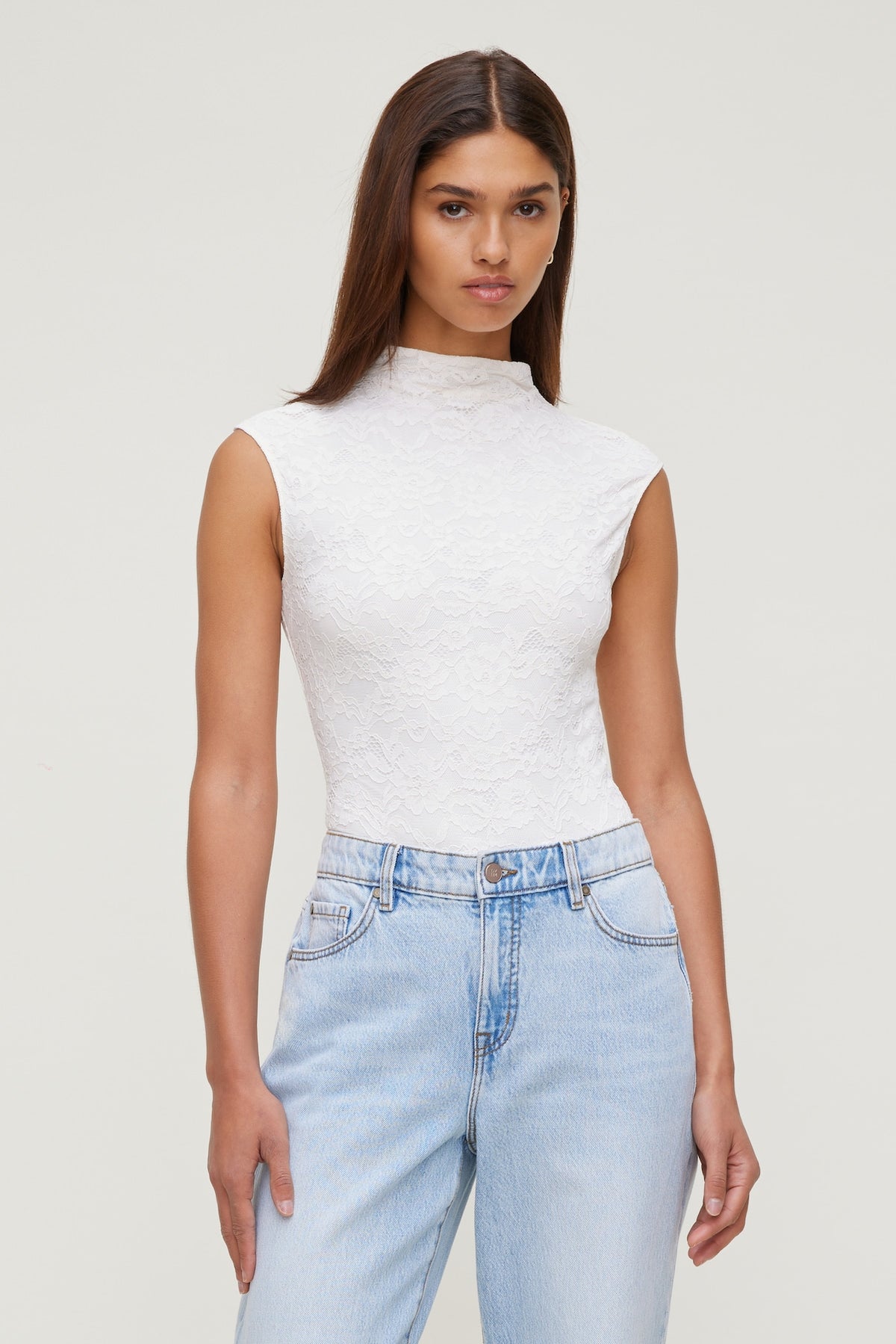 Dynamite Mock Neck Lace Bodysuit Beige