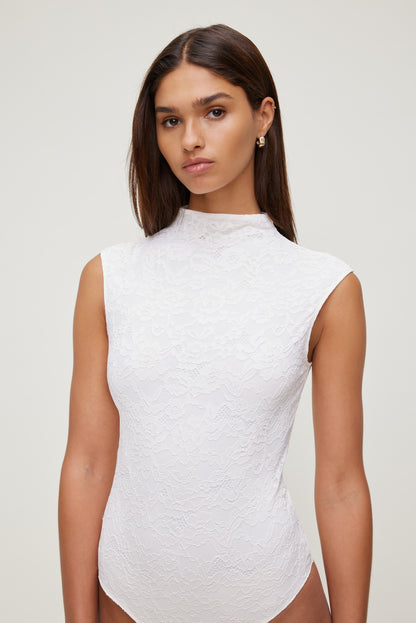 Dynamite Mock Neck Lace Bodysuit Beige
